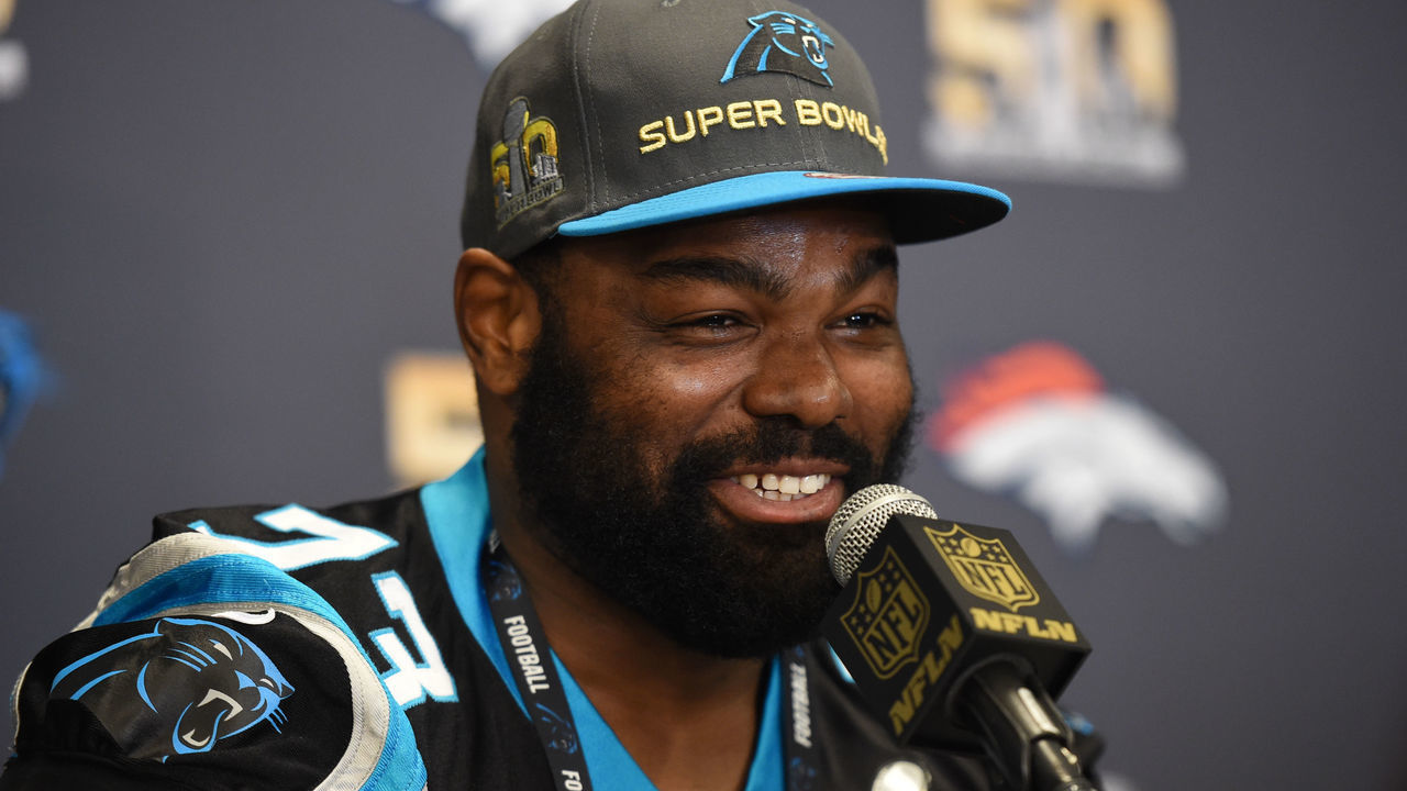 02 February 2016: Carolina Panthers Offensive Tackle Michael Oher (73) [11367] during the Carolina Panthers press conference for Super Bowl 50 at the San Jose Convention Center in San Jose, CA.