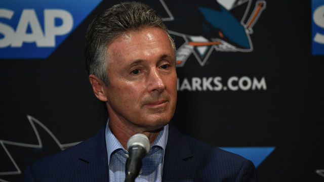 SAN JOSE, CA - SEPTEMBER 19: General Manager Doug Wilson of the San Jose Sharks speaks to the media during a press conference at the Hilton on September 19, 2018 in San Jose, California