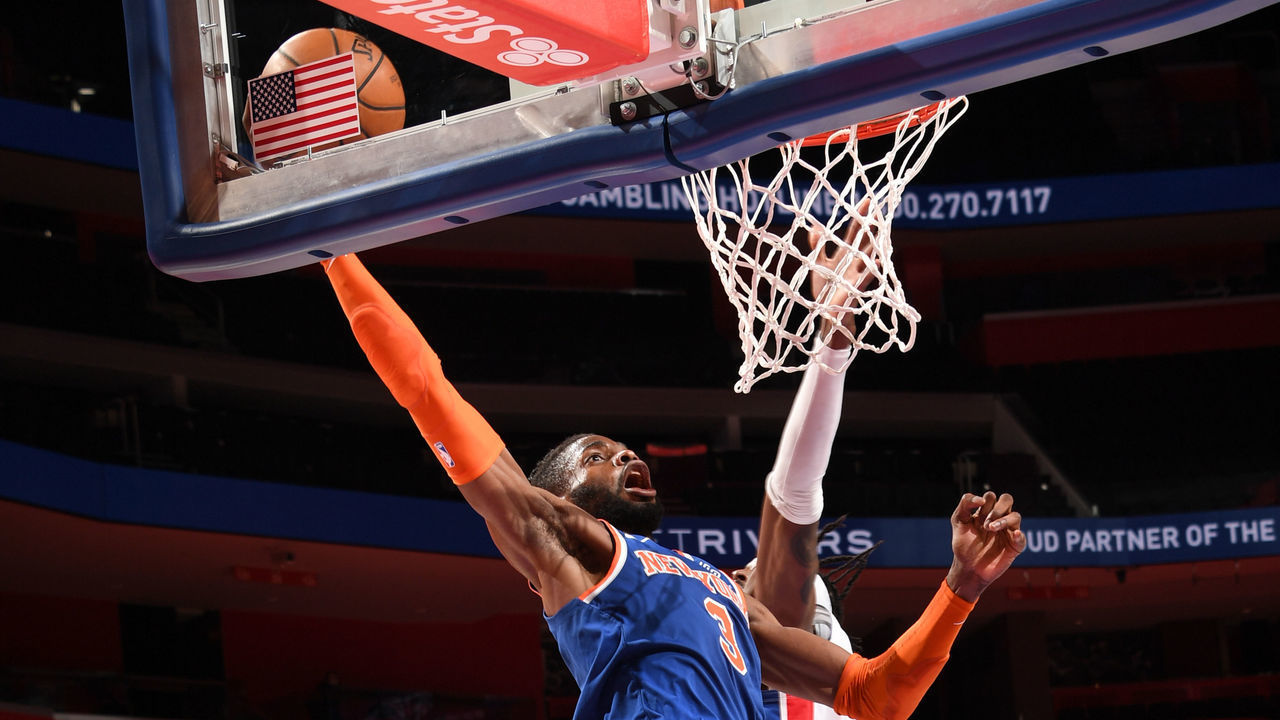 DETROIT, MI - FEBRUARY 28: Nerlens Noel #3 of the New York Knicks dunks the ball during the game against the Detroit Pistons on February 28, 2021 at Little Caesars Arena in Detroit, Michigan. NOTE TO USER: User expressly acknowledges and agrees that, by downloading and/or using this photograph, User is consenting to the terms and conditions of the Getty Images License Agreement. Mandatory Copyright Notice: Copyright 2021 NBAE