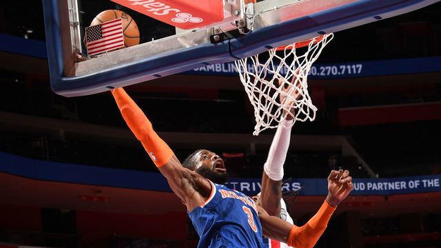 DETROIT, MI - FEBRUARY 28: Nerlens Noel #3 of the New York Knicks dunks the ball during the game against the Detroit Pistons on February 28, 2021 at Little Caesars Arena in Detroit, Michigan. NOTE TO USER: User expressly acknowledges and agrees that, by downloading and/or using this photograph, User is consenting to the terms and conditions of the Getty Images License Agreement. Mandatory Copyright Notice: Copyright 2021 NBAE
