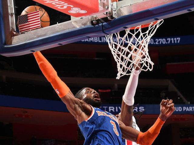 DETROIT, MI - FEBRUARY 28: Nerlens Noel #3 of the New York Knicks dunks the ball during the game against the Detroit Pistons on February 28, 2021 at Little Caesars Arena in Detroit, Michigan. NOTE TO USER: User expressly acknowledges and agrees that, by downloading and/or using this photograph, User is consenting to the terms and conditions of the Getty Images License Agreement. Mandatory Copyright Notice: Copyright 2021 NBAE