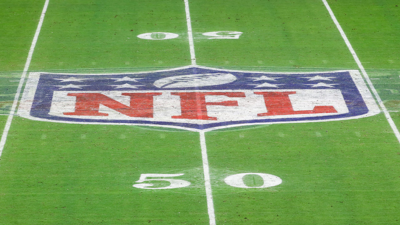 GLENDALE, AZ - JANUARY 03: General view of NFL Shield Logo on the field of State Farm Stadium in Glendale, Arizona.