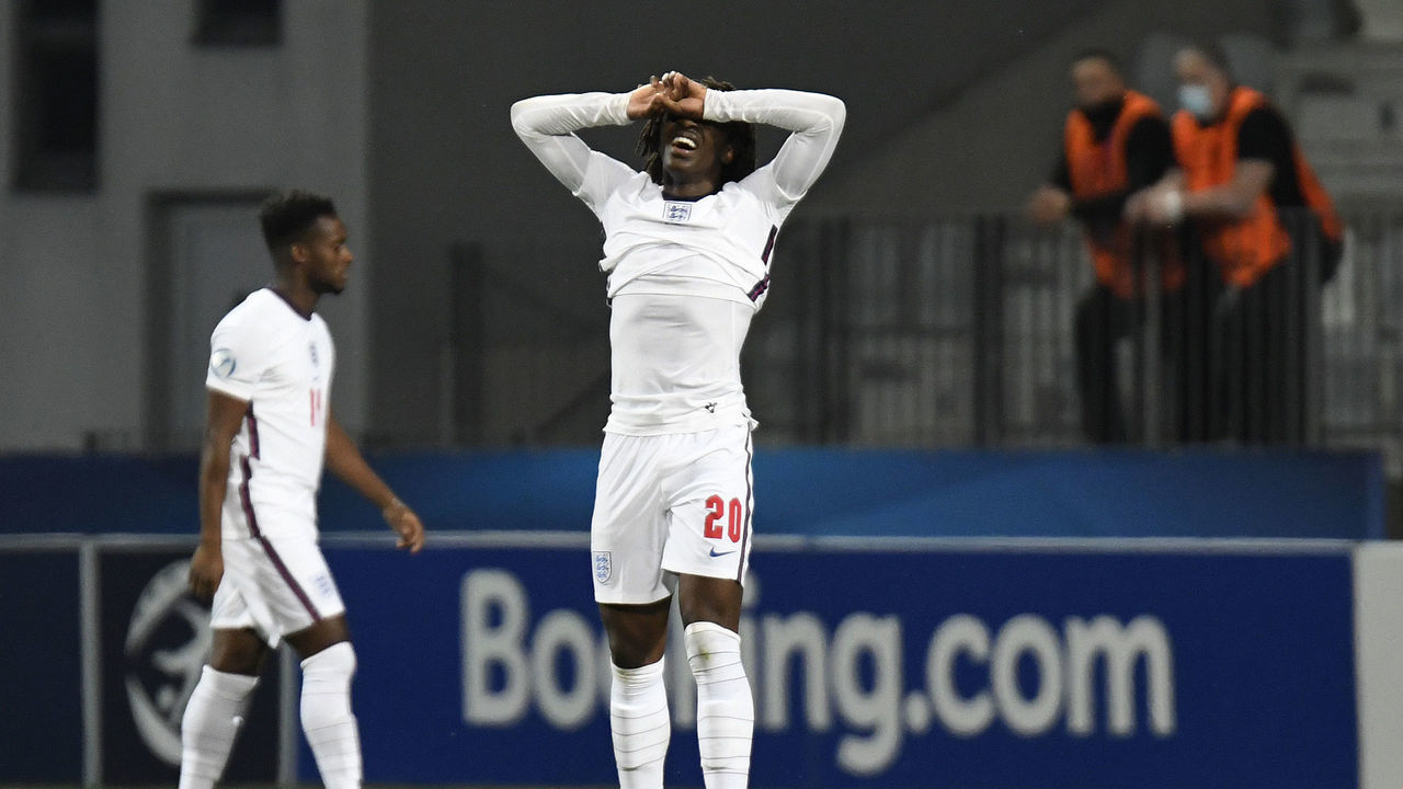 KOPER, SLOVENIA - MARCH 31: Eberechi Eze of England looks dejected after conceding their side's first goal scored by Domagoj Bradaric of Croatia (not pictured) during the 2021 UEFA European Under-21 Championship Group D match between Croatia and England at Stadion Bonifika on March 31, 2021 in Koper, Slovenia. Sporting stadiums around Slovenia remain under strict restrictions due to the Coronavirus Pandemic as Government social distancing laws prohibit fans inside venues resulting in games being played behind closed doors.