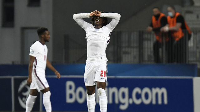 KOPER, SLOVENIA - MARCH 31: Eberechi Eze of England looks dejected after conceding their side's first goal scored by Domagoj Bradaric of Croatia (not pictured) during the 2021 UEFA European Under-21 Championship Group D match between Croatia and England at Stadion Bonifika on March 31, 2021 in Koper, Slovenia. Sporting stadiums around Slovenia remain under strict restrictions due to the Coronavirus Pandemic as Government social distancing laws prohibit fans inside venues resulting in games being played behind closed doors.