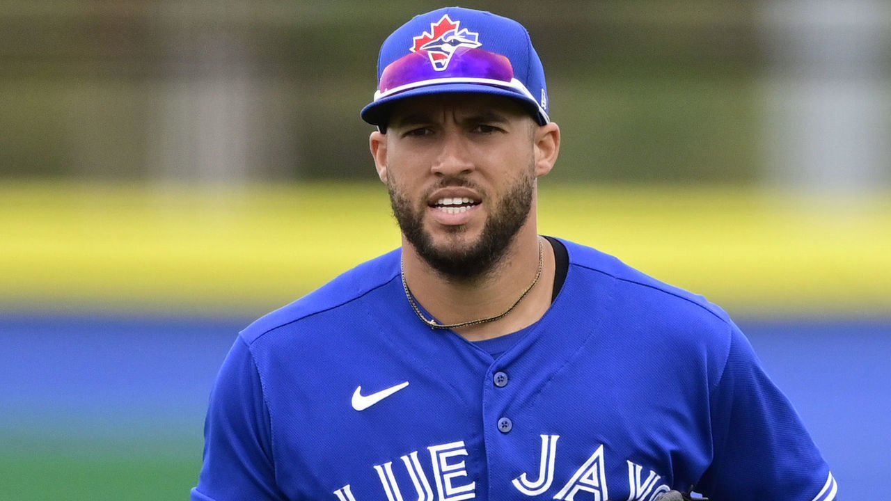 DUNEDIN, FLORIDA - MARCH 21: George Springer #4 of the Toronto Blue Jays jogs off the field during the fifth inning against the New York Yankees during a spring training game at TD Ballpark on March 21, 2021 in Dunedin, Florida.