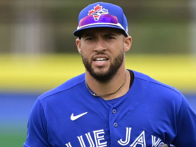 DUNEDIN, FLORIDA - MARCH 21: George Springer #4 of the Toronto Blue Jays jogs off the field during the fifth inning against the New York Yankees during a spring training game at TD Ballpark on March 21, 2021 in Dunedin, Florida.