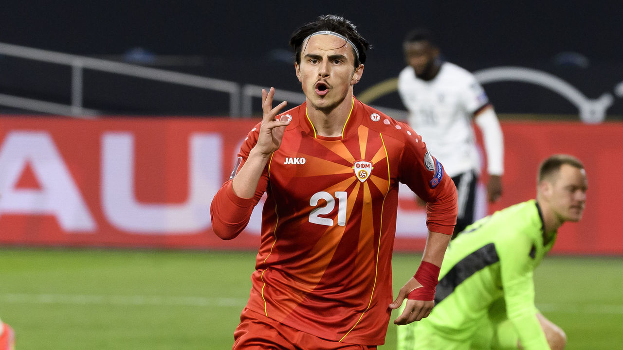 DUISBURG, GERMANY - MARCH 31: (BILD ZEITUNG OUT) Eljif Elmas (Nordmazedonien) celebrates after scoring his team's second goal during the FIFA World Cup 2022 Qatar qualifying match between Germany and North Macedonia on March 31, 2021 in Duisburg, Germany.