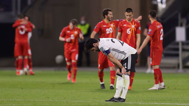 DUISBURG, GERMANY - MARCH 31: Ilkay Gundogan of Germany looks dejected during the FIFA World Cup 2022 Qatar qualifying match between Germany and North Macedonia at Schauinsland-Reisen-Arena on March 31, 2021 in Duisburg, Germany. Sporting stadiums around Germany remain under strict restrictions due to the Coronavirus Pandemic as Government social distancing laws prohibit fans inside venues resulting in games being played behind closed doors.