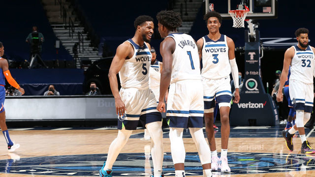 MINNEAPOLIS, MN - MARCH 31: Malik Beasley #5 hi-fives Anthony Edwards #1 of the Minnesota Timberwolves during the game against the New York Knicks on March 31, 2021 at Target Center in Minneapolis, Minnesota. Mandatory Copyright Notice: Copyright 2021 NBAE