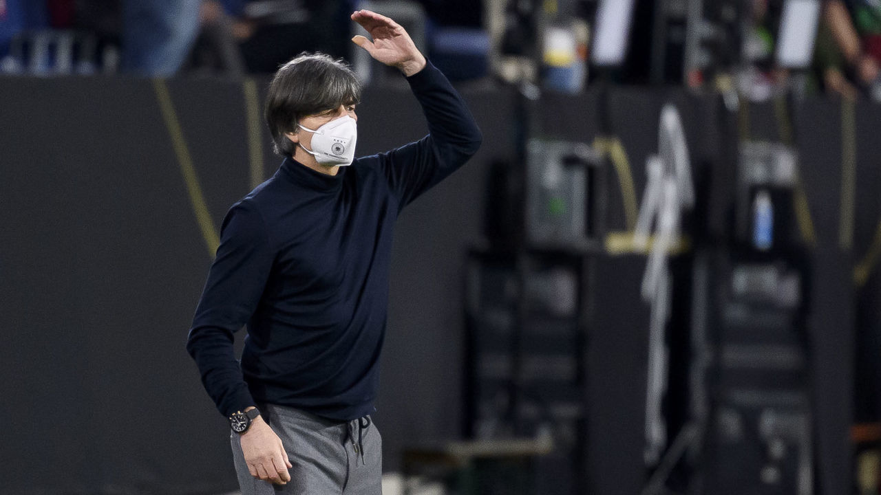 DUISBURG, GERMANY - MARCH 31: (BILD ZEITUNG OUT) head coach Joachim Loew of Germany gestures during the FIFA World Cup 2022 Qatar qualifying match between Germany and North Macedonia on March 31, 2021 in Duisburg, Germany.