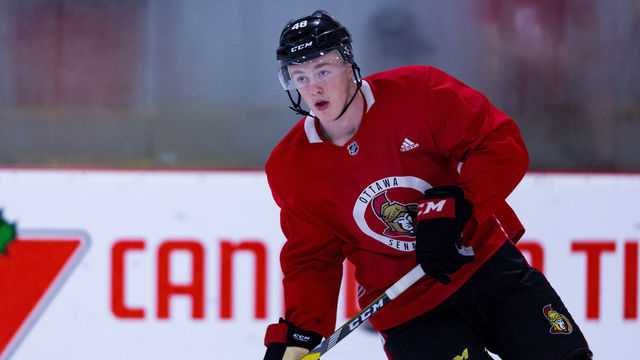 KANATA, ON - JULY 02: Ottawa Senators Prospect Defenseman Jacob Bernard-Docker (48) skates during the Ottawa Senators Development Camp on July 2, 2018, at Bell Sensplex in Kanata, ON, Canada.