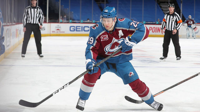 DENVER, COLORADO - MARCH 29: Nathan MacKinnon #29 of the Colorado Avalanche skates against the Anaheim Ducks at Ball Arena on March 29, 2021 in Denver, Colorado.