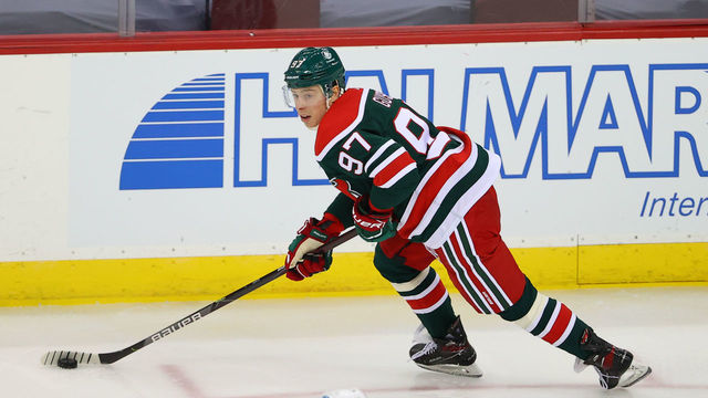 NEWARK, NJ - MARCH 20: New Jersey Devils left wing Nikita Gusev (97) skates during the second period of the National Hockey League game between the New Jersey Devils and the Pittsburgh Penguins on March 20,2021 at the Prudential Center in Newark, NJ.