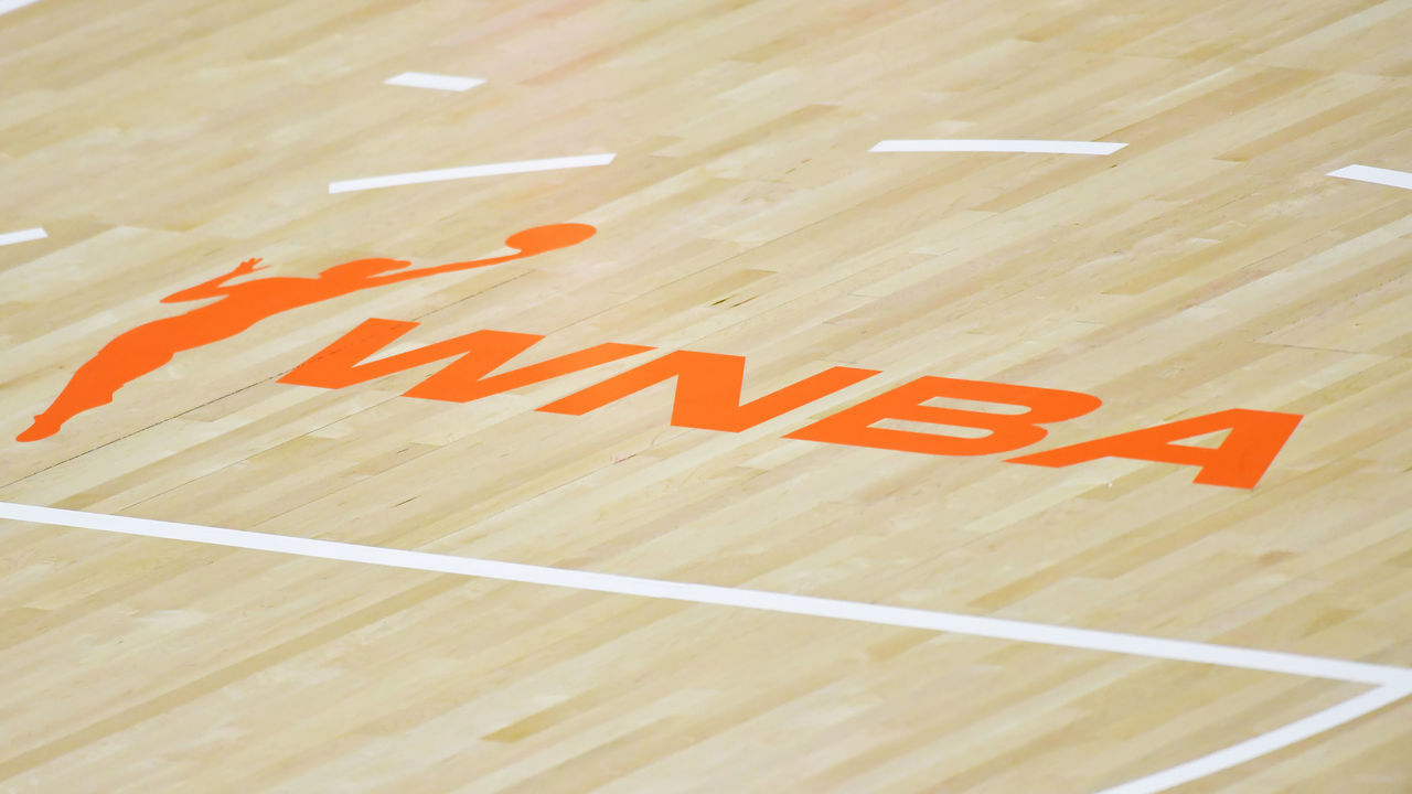 PALMETTO, FLORIDA - AUGUST 01: The WNBA logo is displayed on a court at Feld Entertainment Center during the first half of a game between the Washington Mystics and the Chicago Sky on August 01, 2020 in Palmetto, Florida.