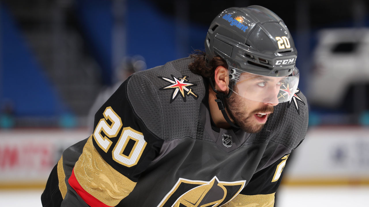 DENVER, COLORADO - MARCH 25: Chandler Stephenson #20 of the Golden Knights awaits a face off against the Colorado Avalanche at Ball Arena on March 25, 2021 in Denver, Colorado.