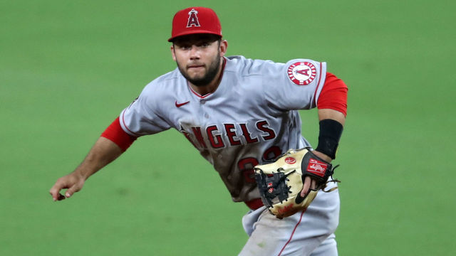 SAN DIEGO, CA - SEPTEMBER 22: David Fletcher #22 of the Los Angeles Angels plays shortstop during the game against the San Diego Padres at Petco Park on September 22, 2020 in San Diego, California. The Angels defeated the Padres 4-2.