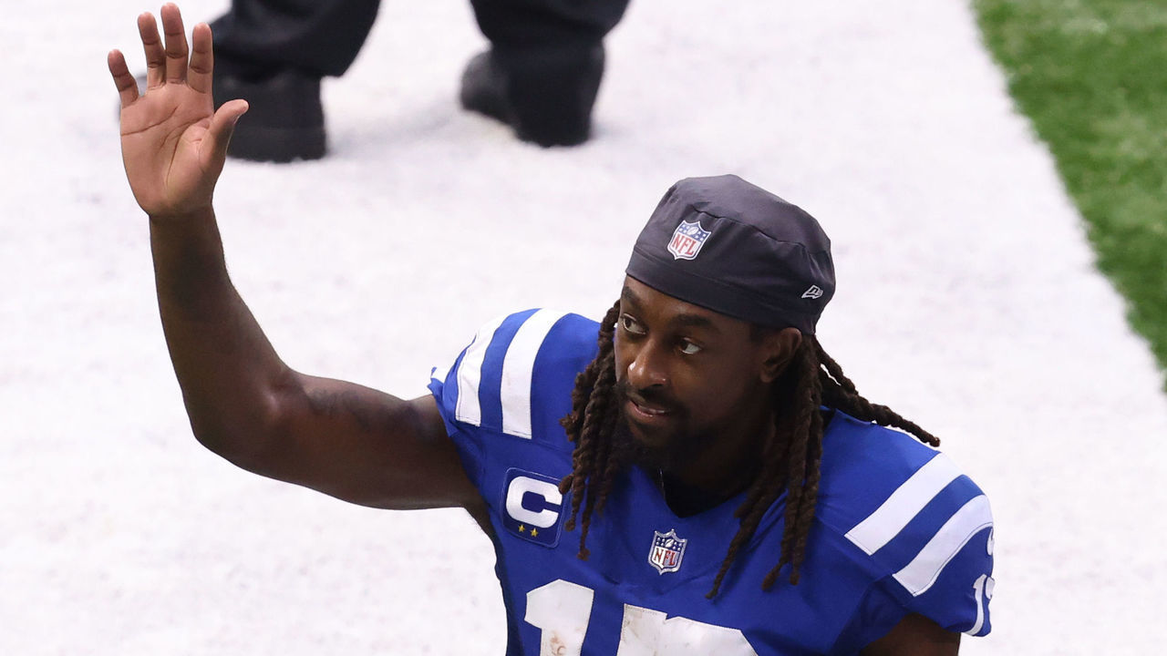 INDIANAPOLIS, INDIANA - SEPTEMBER 27: T.Y. Hilton #13 of the Indianapolis Colts walks off the field after the game in the game against the New York Jets at Lucas Oil Stadium on September 27, 2020 in Indianapolis, Indiana.