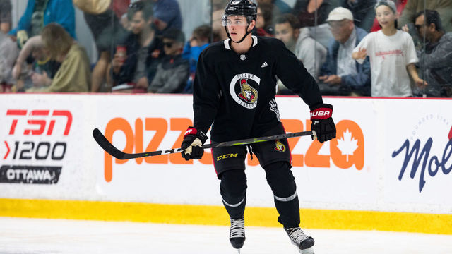 OTTAWA, ON - JUNE 29: Ottawa Senators Prospect Center Shane Pinto (57) during the Ottawa Senators Development Camp on June 29, 2019, at Bell Sensplex in Ottawa, ON, Canada.