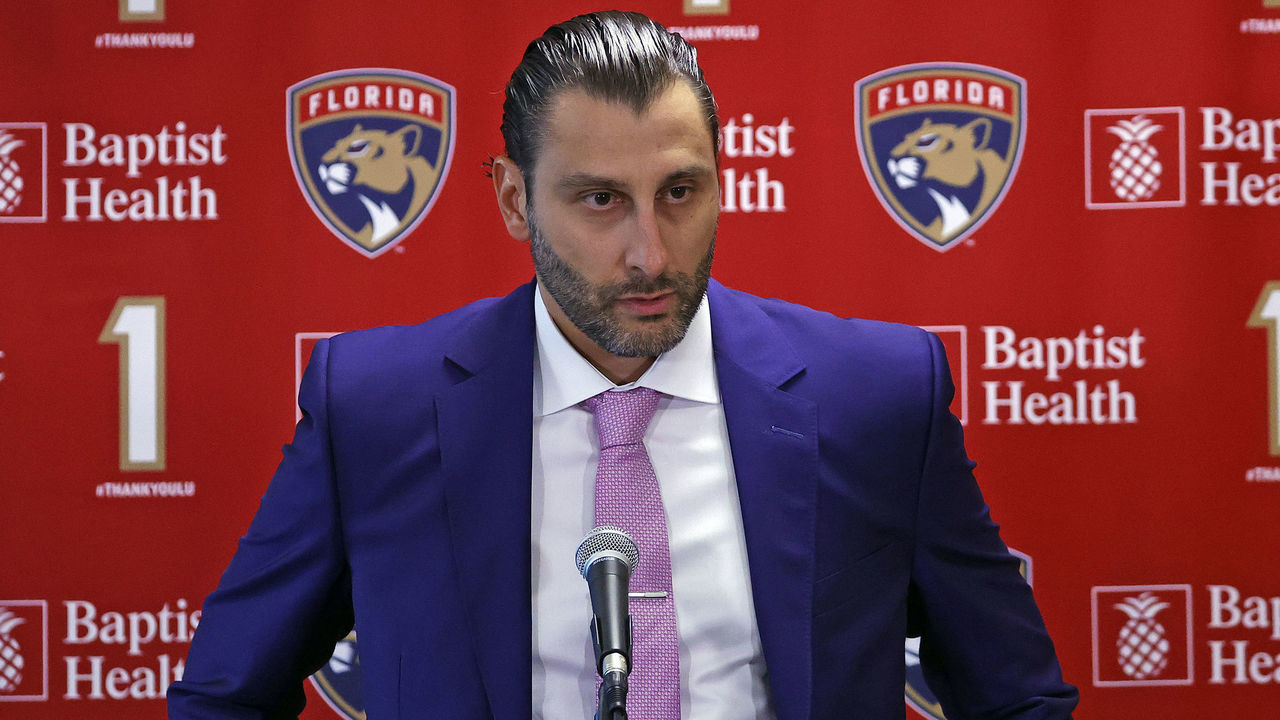 SUNRISE, FL - MARCH 7: Goaltender Roberto Luongo #1 talks to the media prior to the ceremony to retire his jersey before the NHL game between the Montreal Canadiens and the Florida Panthers at the BB&T Center on March 7, 2020 in Sunrise, Florida. Luongo ended his career having played 19 seasons and had 230 wins.