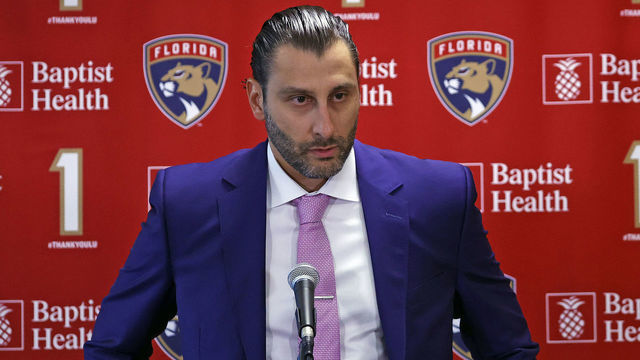 SUNRISE, FL - MARCH 7: Goaltender Roberto Luongo #1 talks to the media prior to the ceremony to retire his jersey before the NHL game between the Montreal Canadiens and the Florida Panthers at the BB&T Center on March 7, 2020 in Sunrise, Florida. Luongo ended his career having played 19 seasons and had 230 wins.