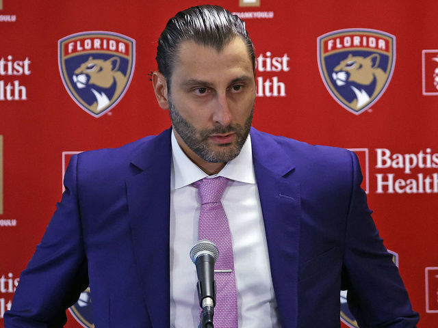 SUNRISE, FL - MARCH 7: Goaltender Roberto Luongo #1 talks to the media prior to the ceremony to retire his jersey before the NHL game between the Montreal Canadiens and the Florida Panthers at the BB&T Center on March 7, 2020 in Sunrise, Florida. Luongo ended his career having played 19 seasons and had 230 wins.
