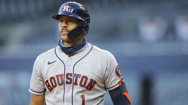 SAN DIEGO, CA - OCTOBER 11: Carlos Correa #1 of the Houston Astros looks on during Game 1 of the ALCS between the Tampa Bay Rays and the Houston Astros at Petco Park on Sunday, October 11, 2020 in San Diego, California.