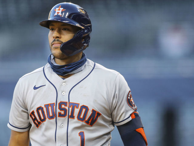 SAN DIEGO, CA - OCTOBER 11: Carlos Correa #1 of the Houston Astros looks on during Game 1 of the ALCS between the Tampa Bay Rays and the Houston Astros at Petco Park on Sunday, October 11, 2020 in San Diego, California.