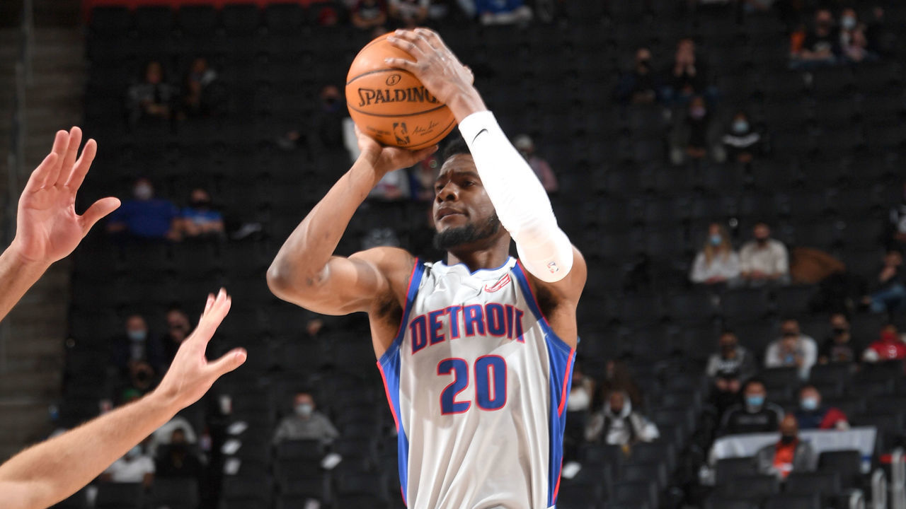 DETROIT, MI - APRIL 1: Josh Jackson #20 of the Detroit Pistons shoots the ball during the game against the Washington Wizards on April 1, 2021 at Little Caesars Arena in Detroit, Michigan. NOTE TO USER: User expressly acknowledges and agrees that, by downloading and/or using this photograph, User is consenting to the terms and conditions of the Getty Images License Agreement. Mandatory Copyright Notice: Copyright 2021 NBAE