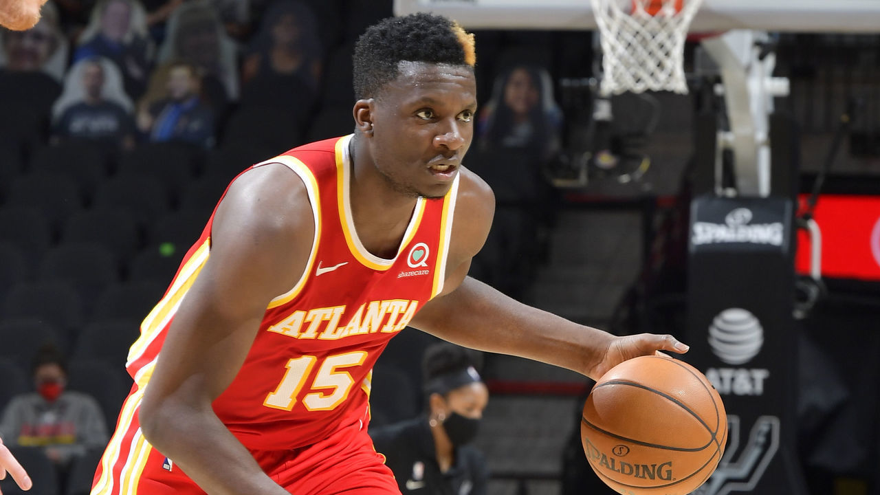 SAN ANTONIO, TX - APRIL 1: Clint Capela #15 of the Atlanta Hawks drives to the basket during the game against the San Antonio Spurs on April 1, 2021 at the AT&T Center in San Antonio, Texas. Mandatory Copyright Notice: Copyright 2021 NBAE (Photos by Logan Riely/NBAE via Getty Images)