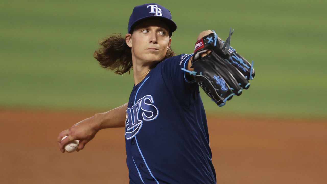 MIAMI, FLORIDA - APRIL 01: Tyler Glasnow #20 of the Tampa Bay Rays delivers a pitch in the sixth inning against the Miami Marlins on Opening Day at loanDepot park on April 01, 2021 in Miami, Florida.