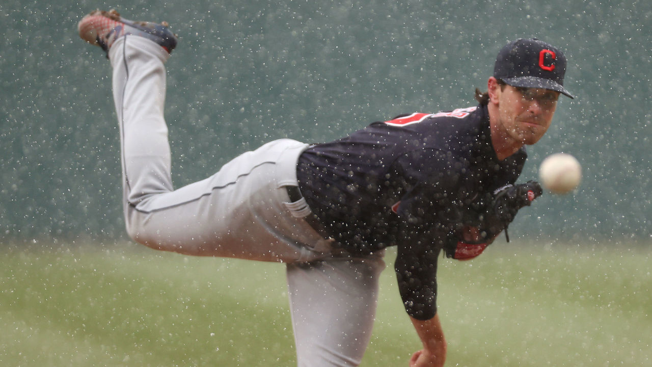 DETROIT, MICHIGAN - APRIL 01: Shane Bieber #57 of the Cleveland Indians throws a first inning pitch while playing the Detroit Tigers during Opening Day at Comerica Park on April 01, 2021 in Detroit, Michigan.