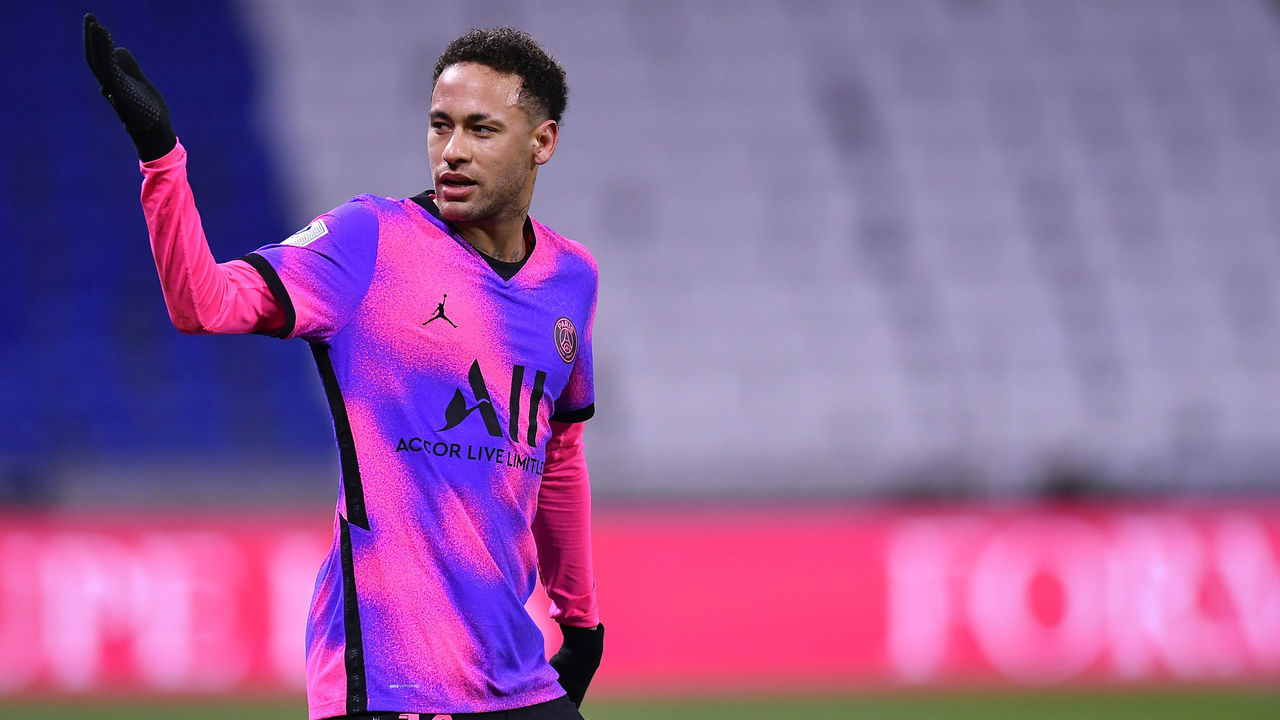 LYON, FRANCE - MARCH 21: Neymar Jr of Paris Saint-Germain reacts during the Ligue 1 match between Olympique Lyon and Paris Saint-Germain at Groupama Stadium on March 21, 2021 in Lyon, France.