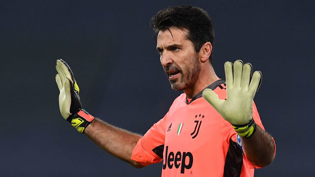 TURIN, ITALY - FEBRUARY 09: Gianluigi Buffon of Juventus reacts during the Coppa Italia semi-final Juventus and FC Internazionale at Allianz Stadium on February 09, 2021 in Turin, Italy. Sporting stadiums around Italy remain under strict restrictions due to the Coronavirus Pandemic as Government social distancing laws prohibit fans inside venues resulting in games being played behind closed doors.
