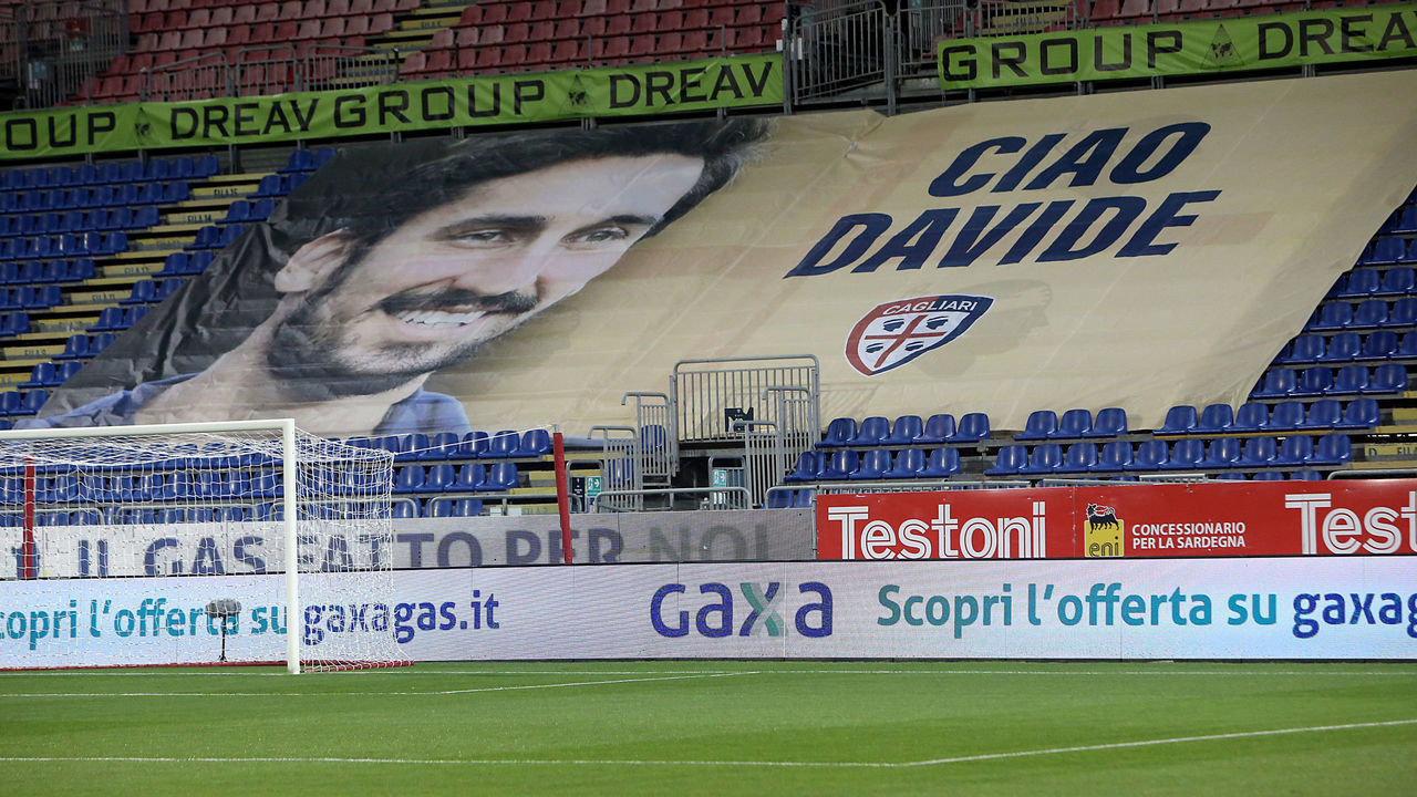 CAGLIARI, ITALY - MARCH 03: A banner in memory of Davide Astori covers seats before the Serie A match between Cagliari Calcio and Bologna FC at Sardegna Arena on March 3, 2021 in Cagliari, Italy.