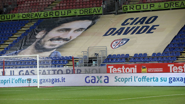 CAGLIARI, ITALY - MARCH 03: A banner in memory of Davide Astori covers seats before the Serie A match between Cagliari Calcio and Bologna FC at Sardegna Arena on March 3, 2021 in Cagliari, Italy.