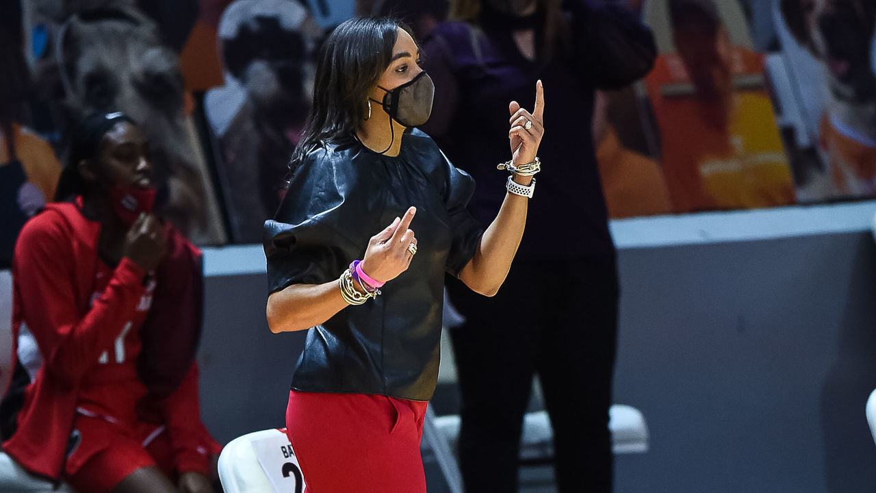 KNOXVILLE, TN - JANUARY 14: Georgia Lady Bulldogs head coach Joni Taylor coaching in a game against the Georgia Lady Bulldogs on January 14, 2021, at Thompson-Boling Arena in Knoxville, TN.
