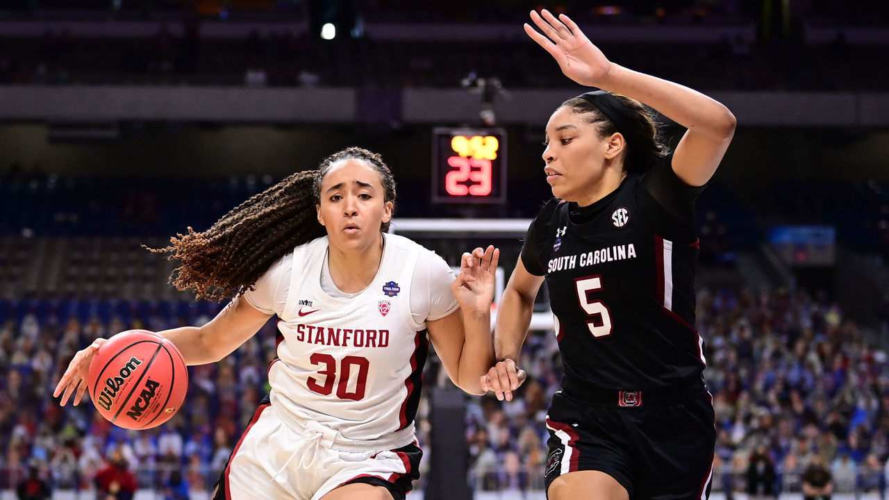 SAN ANTONIO, TX - APRIL 2: Haley Jones #30 of the Stanford Cardinal drives to the basket against Victaria Saxton #5 of the South Carolina Gamecocks during the semifinals of the NCAA Women's Basketball Tournament at Alamodome on April 2, 2021 in San Antonio, Texas.