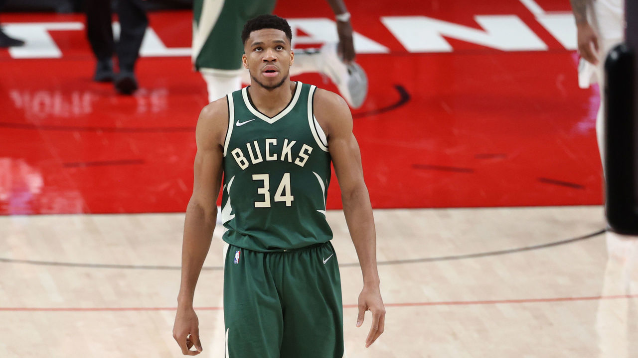 PORTLAND, OREGON - APRIL 02: Giannis Antetokounmpo #34 of the Milwaukee Bucks reacts in the second quarter against the Portland Trail Blazers at Moda Center on April 02, 2021 in Portland, Oregon.