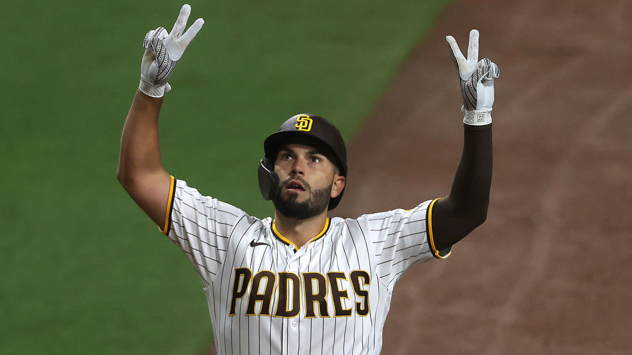 SAN DIEGO, CALIFORNIA - APRIL 02: Eric Hosmer #30 of the San Diego Padres reacts after hitting a two-run homerun during the third inning of a game against the Arizona Diamondbacks at PETCO Park on April 02, 2021 in San Diego, California.
