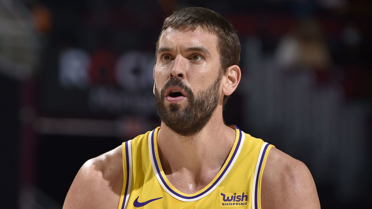 CLEVELAND, OH - JANUARY 25: Marc Gasol #14 of the Los Angeles Lakers shoots a free throw against the Cleveland Cavaliers on January 25, 2021 at Rocket Mortgage FieldHouse in Cleveland, Ohio. NOTE TO USER: User expressly acknowledges and agrees that, by downloading and/or using this Photograph, user is consenting to the terms and conditions of the Getty Images License Agreement. Mandatory Copyright Notice: Copyright 2021 NBAE