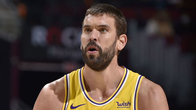 CLEVELAND, OH - JANUARY 25: Marc Gasol #14 of the Los Angeles Lakers shoots a free throw against the Cleveland Cavaliers on January 25, 2021 at Rocket Mortgage FieldHouse in Cleveland, Ohio. NOTE TO USER: User expressly acknowledges and agrees that, by downloading and/or using this Photograph, user is consenting to the terms and conditions of the Getty Images License Agreement. Mandatory Copyright Notice: Copyright 2021 NBAE