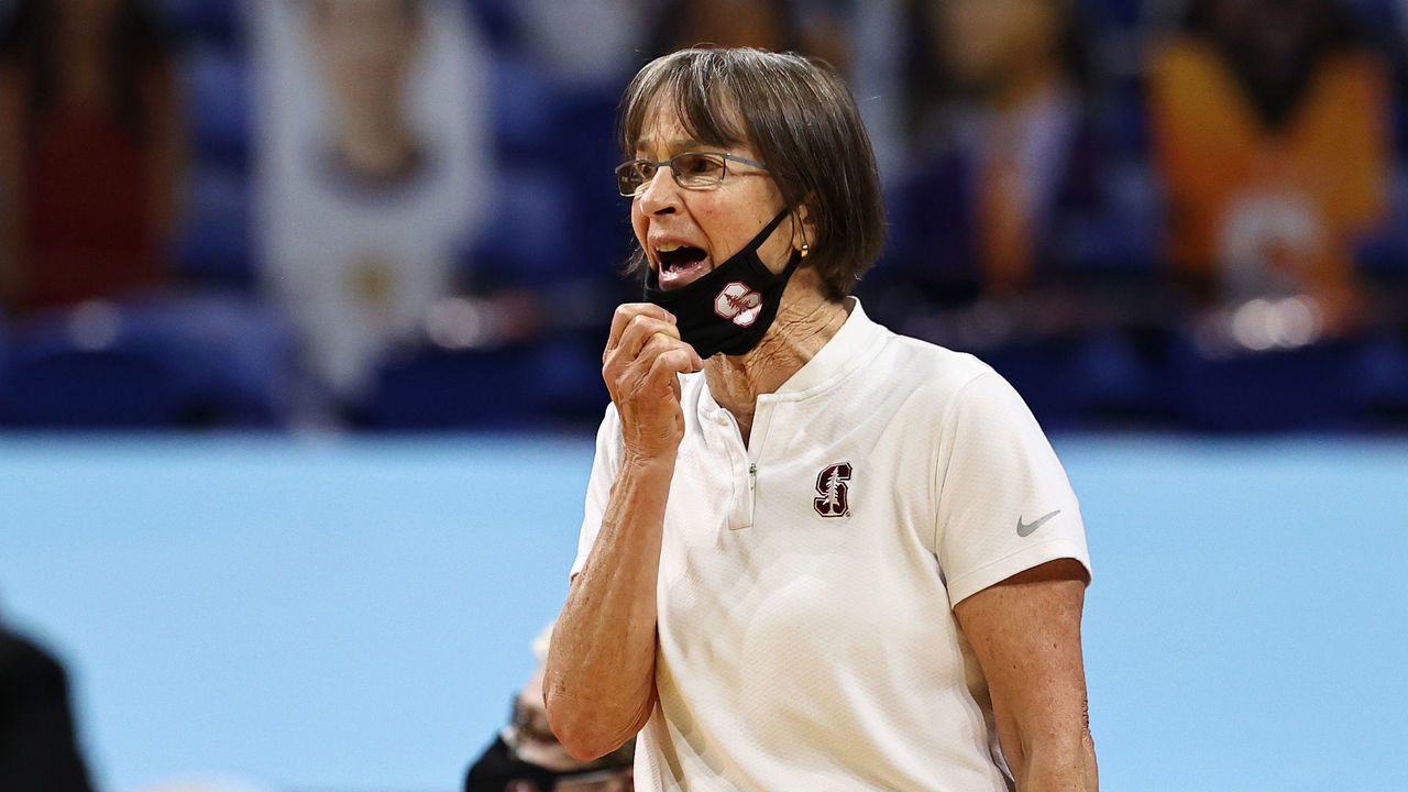 SAN ANTONIO, TEXAS - APRIL 02: Head coach Tara VanDerveer of the Stanford Cardinal calls out to players against the South Carolina Gamecocks during the first quarter in the Final Four semifinal game of the 2021 NCAA Women's Basketball Tournament at the Alamodome on April 02, 2021 in San Antonio, Texas.