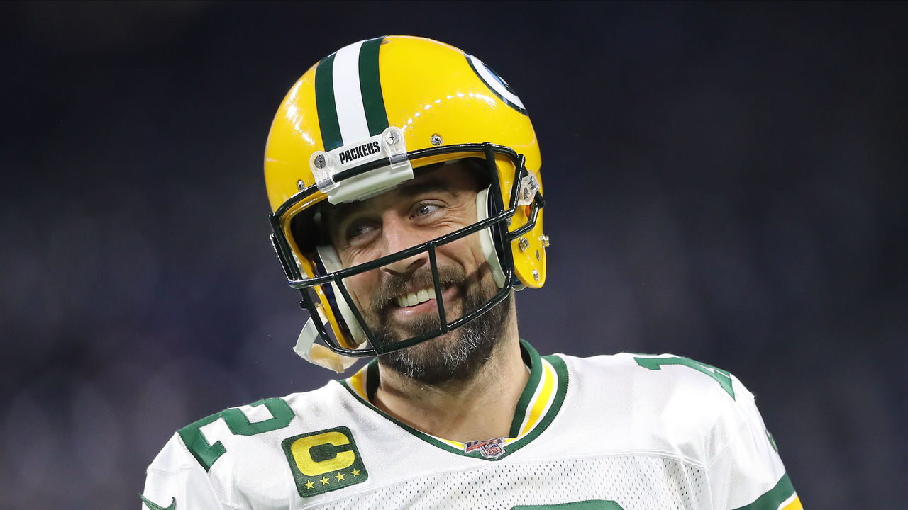 DETROIT, MI - DECEMBER 29: Aaron Rodgers #12 of the Green Bay Packers smiles during warms up prior to the start of the game aganist the Detroit Lions at Ford Field on December 29, 2019 in Detroit, Michigan.