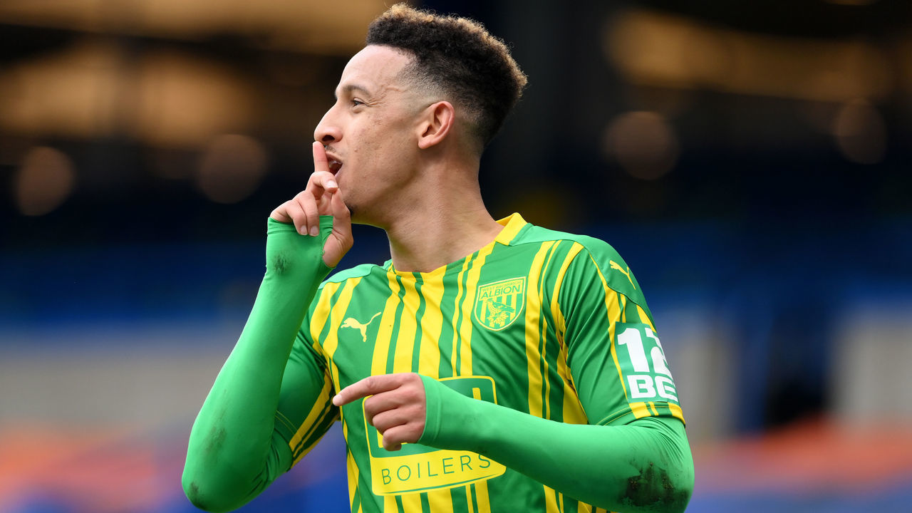LONDON, ENGLAND - APRIL 03: Callum Robinson of West Bromwich Albion celebrates after scoring their side's fifth goal during the Premier League match between Chelsea and West Bromwich Albion at Stamford Bridge on April 03, 2021 in London, England. Sporting stadiums around the UK remain under strict restrictions due to the Coronavirus Pandemic as Government social distancing laws prohibit fans inside venues resulting in games being played behind closed doors.
