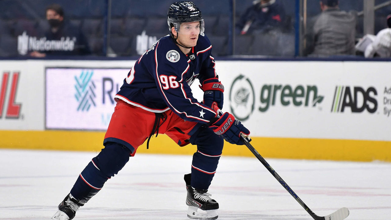COLUMBUS, OH - MARCH 14: Jack Roslovic #96 of the Columbus Blue Jackets skates against the Dallas Stars at Nationwide Arena on March 14, 2021 in Columbus, Ohio.