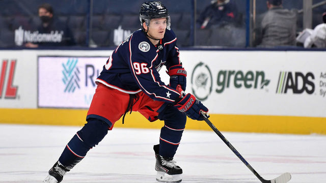 COLUMBUS, OH - MARCH 14: Jack Roslovic #96 of the Columbus Blue Jackets skates against the Dallas Stars at Nationwide Arena on March 14, 2021 in Columbus, Ohio.