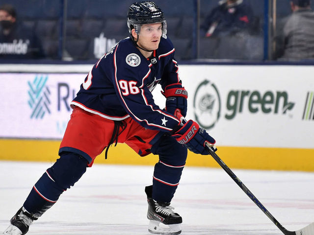 COLUMBUS, OH - MARCH 14: Jack Roslovic #96 of the Columbus Blue Jackets skates against the Dallas Stars at Nationwide Arena on March 14, 2021 in Columbus, Ohio.