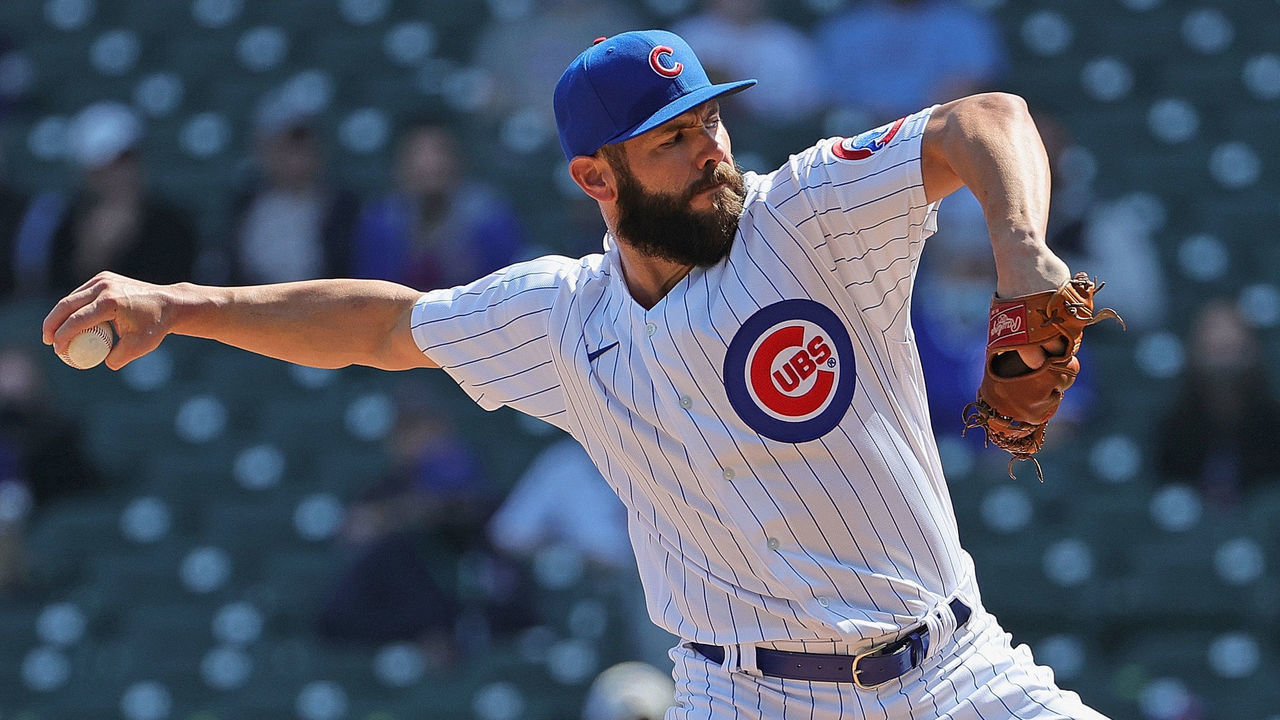 CHICAGO, ILLINOIS - APRIL 03: Starting pitcher Jake Arrieta #49 of the Chicago Cubs delivers the ball against the Pittsburgh Pirates at Wrigley Field on April 03, 2021 in Chicago, Illinois.