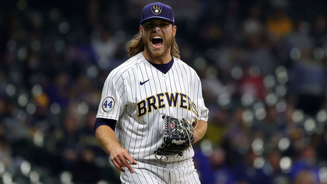 MILWAUKEE, WISCONSIN - APRIL 03: Corbin Burnes #39 of the Milwaukee Brewers reacts to a pitch during the sixth inning against the Minnesota Twins at American Family Field on April 03, 2021 in Milwaukee, Wisconsin.