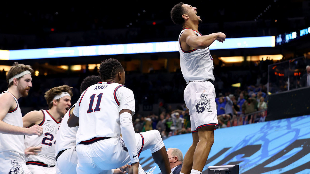 INDIANAPOLIS, INDIANA - APRIL 03: Jalen Suggs #1 of the Gonzaga Bulldogs celebrates after making the game-winning, last-second, three-point shot in overtime against the UCLA Bruins in the Final Four semifinal game of the 2021 NCAA Men's Basketball Tournament at Lucas Oil Stadium on April 03, 2021 in Indianapolis, Indiana.